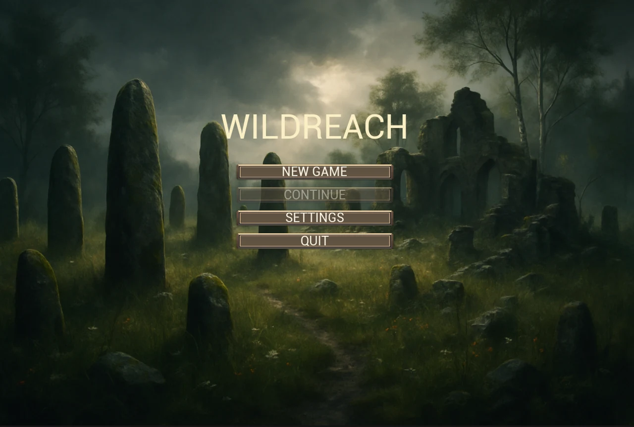 Wildreach — the title screen: standing stones and ruins